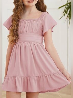 Girls' Pink Flutter Ruffle Sleeve Tie Back Bow Party Pastel Dress sz 6-7